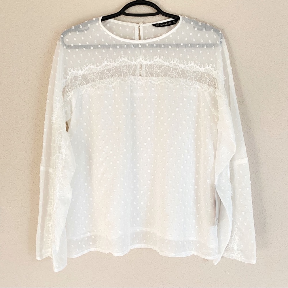 NWT Zara Basic lace sheer long sleeve blouse